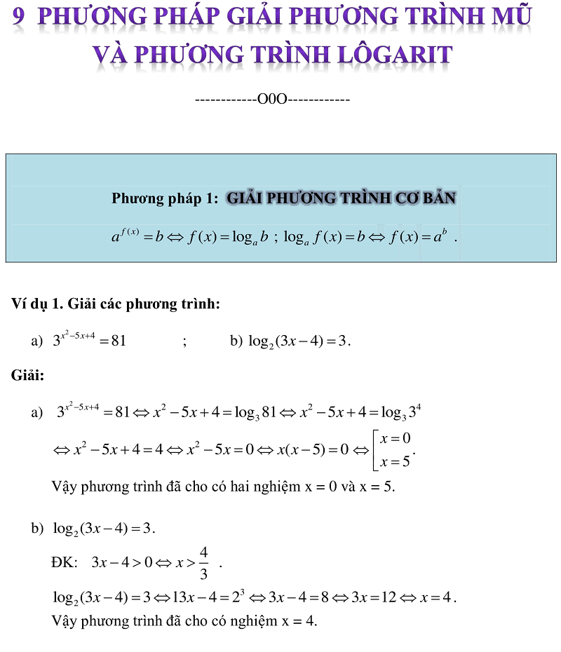 Giải 9 dạng phương trình mũ và logarit
